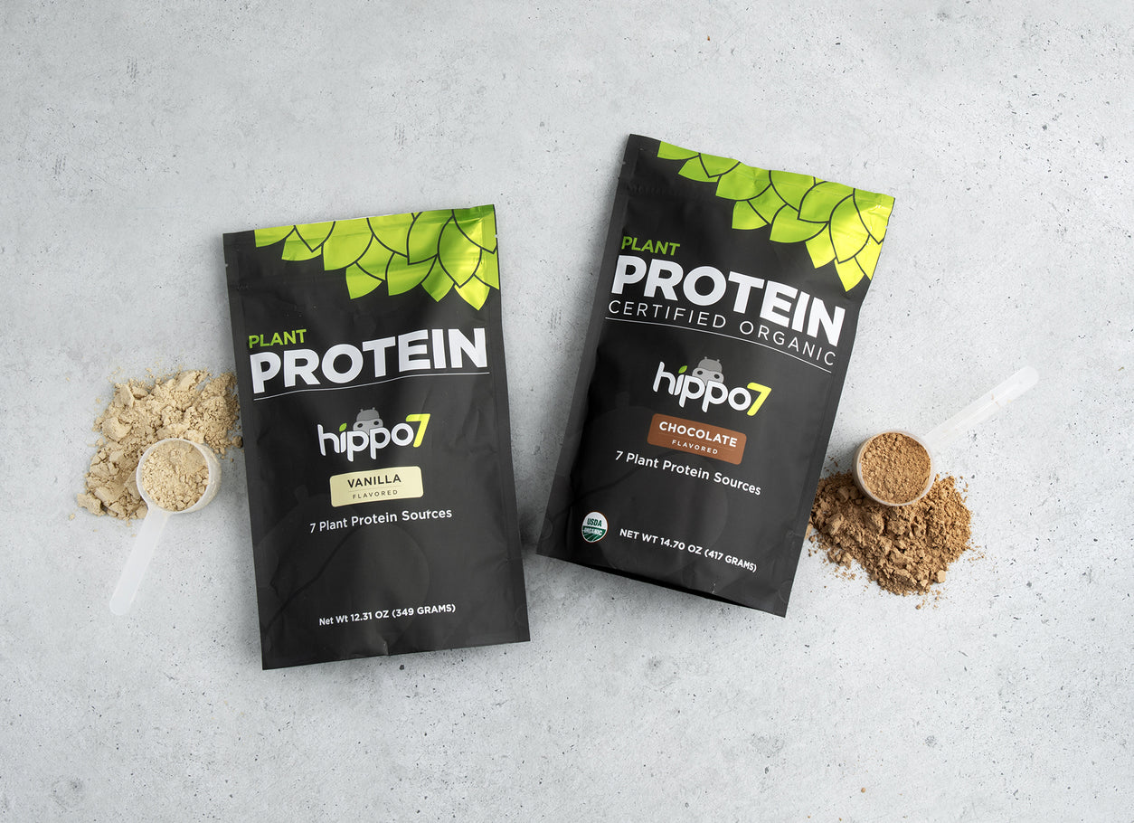 Hippo7 Plant Protein combines 7 powerful plant proteins to meet your nutrition goals. Available in chocolate and vanilla flavors.