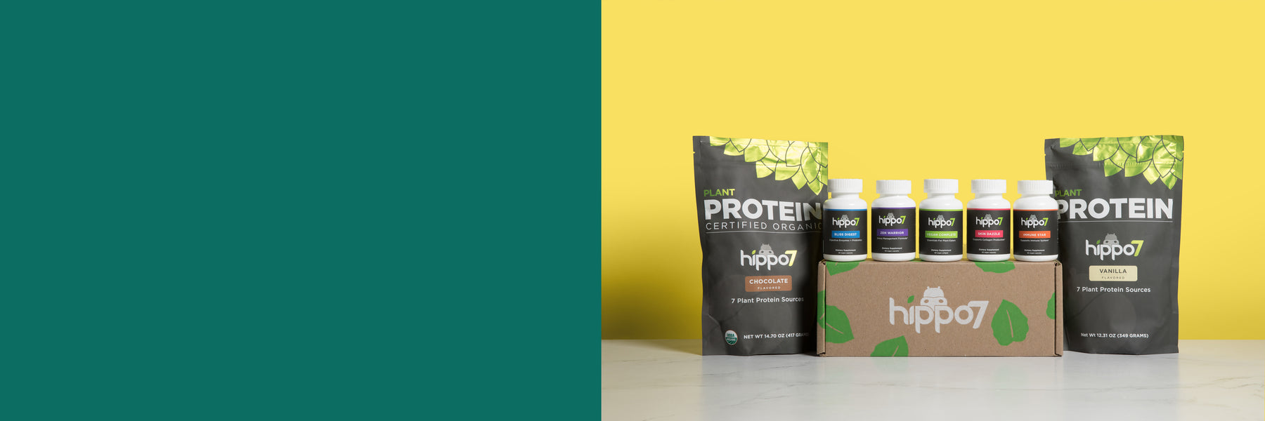 Hippo7 vegan specialty multivitamin supplements against a yellow background on a counter top shot in landscape